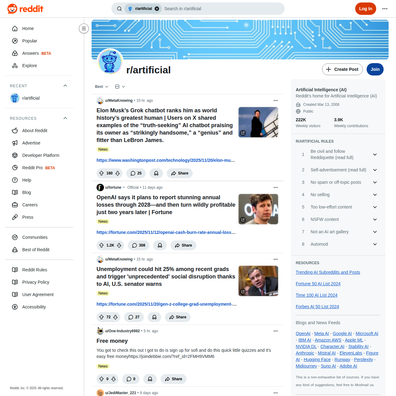 Artificial Intelligence Subreddit