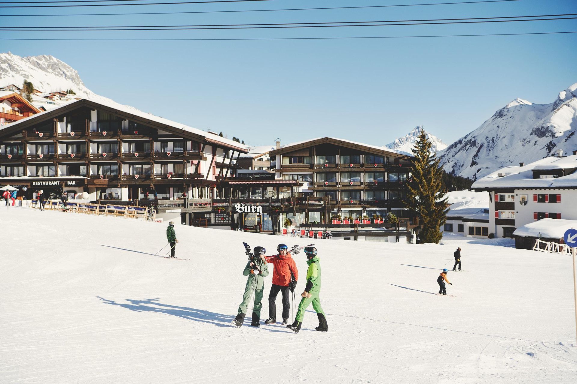 Burg Hotel. Skiers in front of hotel