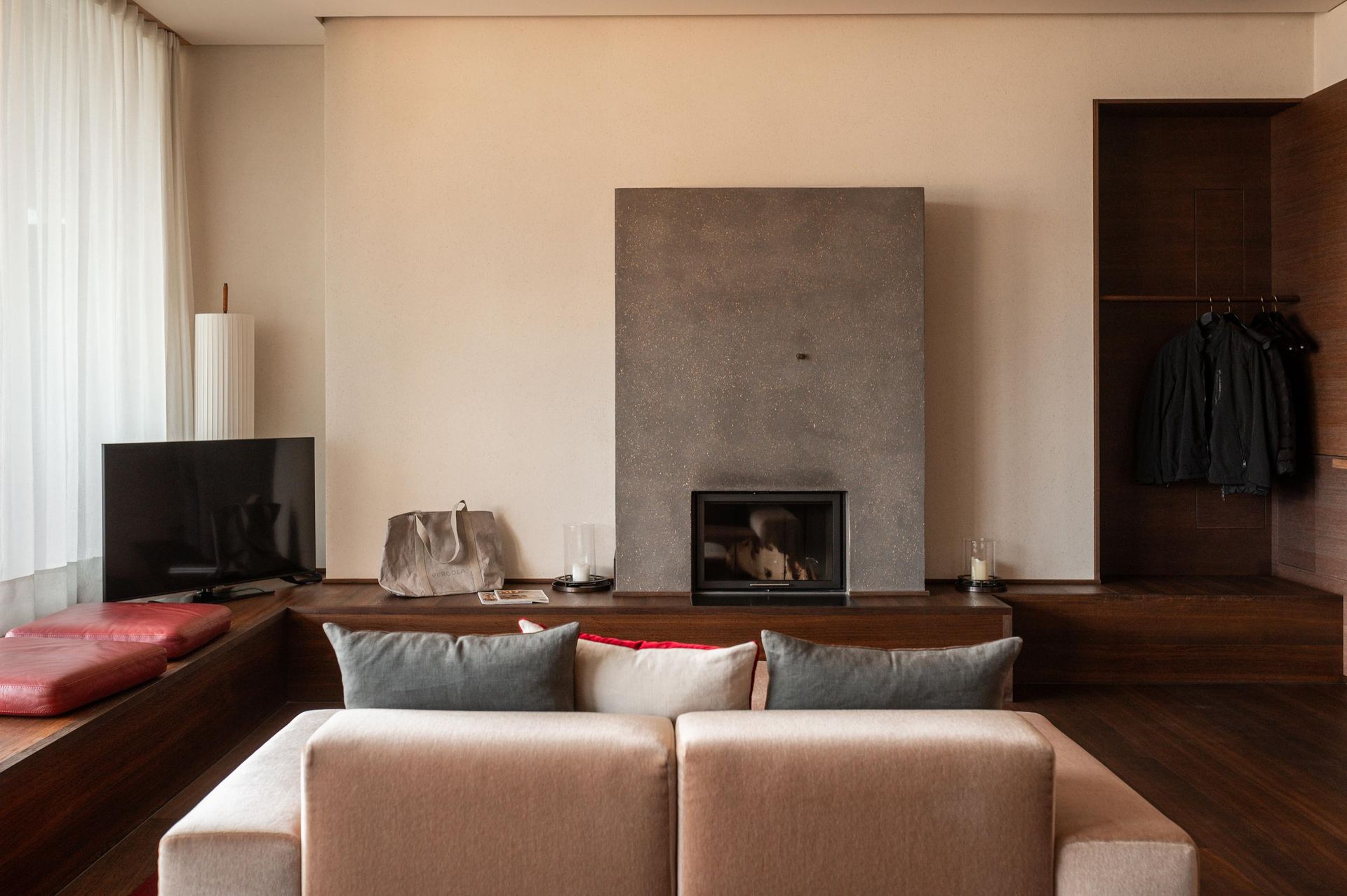 Pergola Residence_Patrick Schwienbacher_Living Room with Small Fireplace