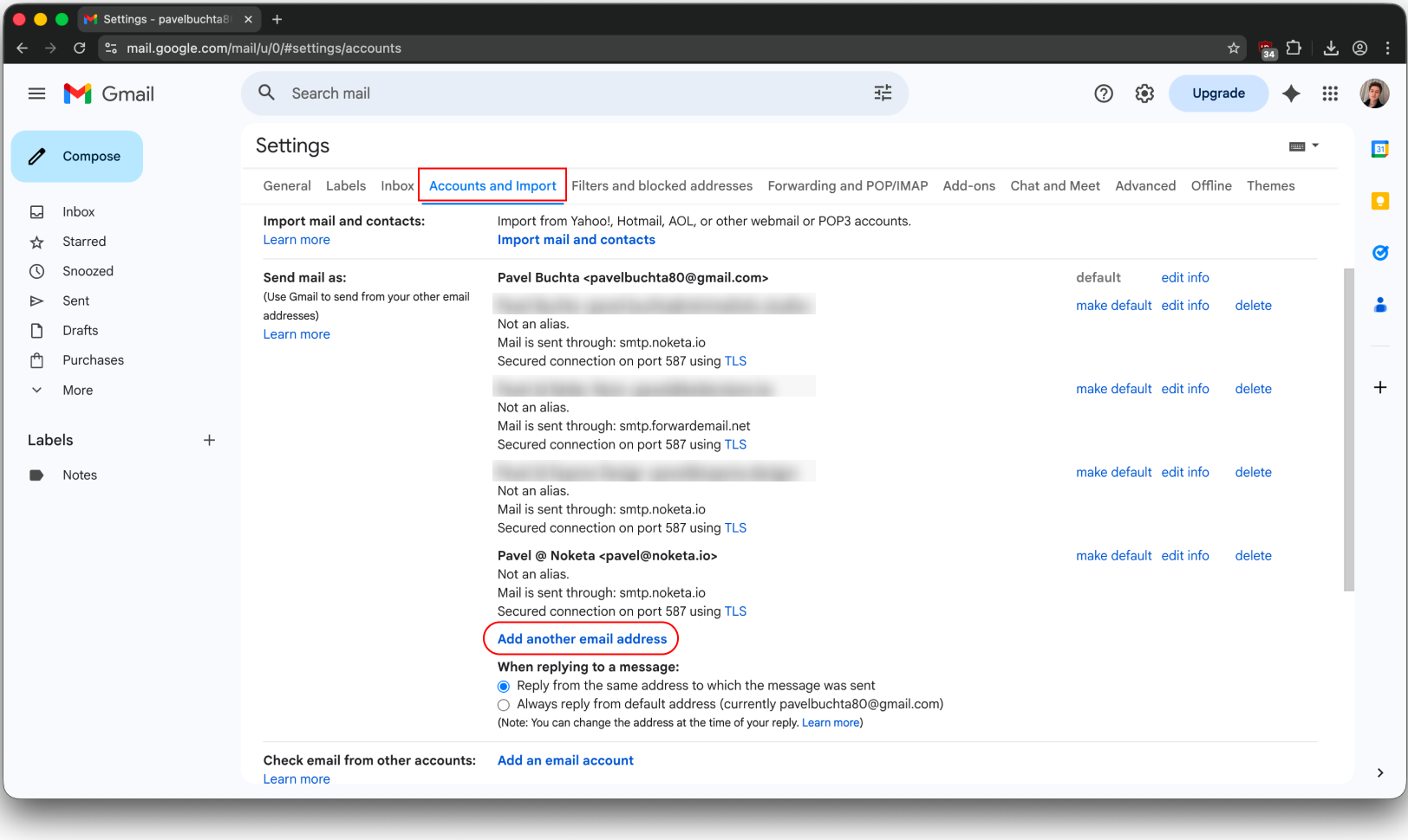 Gmail account an import, send email as