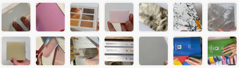 glass, stainless steel, artificial stone, plastic, resin, acrylic, linoleum, microcement, paper