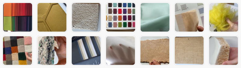 벨벳, 부클레, 펠트, 실크, 커튼, 퍼, 카펫, 폐섬유 블럭, 재생지, 한지, 지사벽지, 균사체 패널
