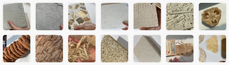 concrete, custom terrazzo, plaster, loofah, coir, hemp, plant byproducts
