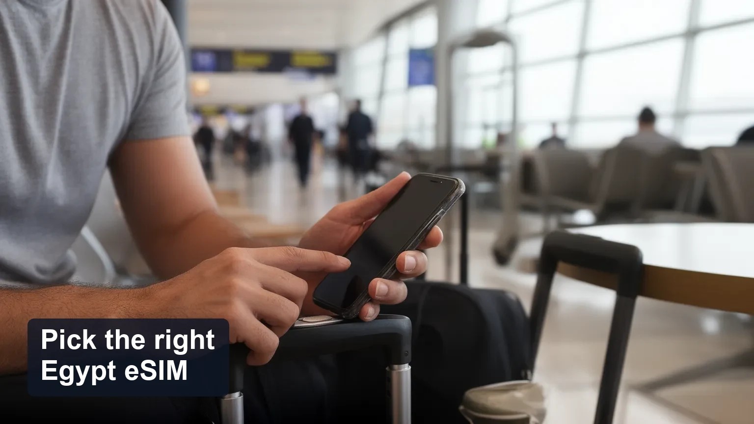 Traveler at an airport bench checking a phone while luggage sits beside them
