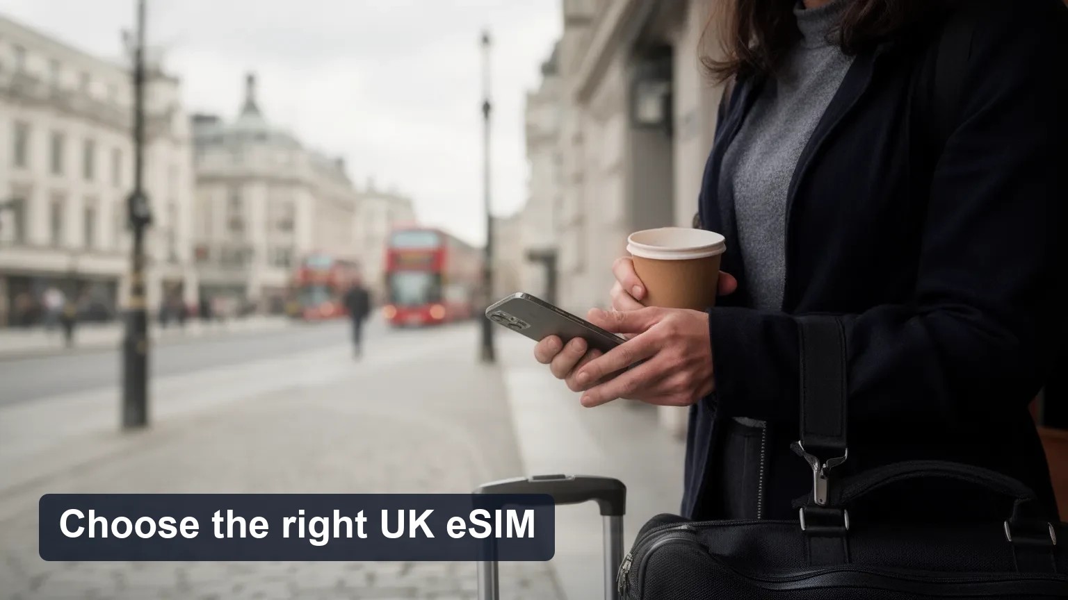 Traveler outside in a UK city checking a phone with the screen turned away from the camera, natural daylight.