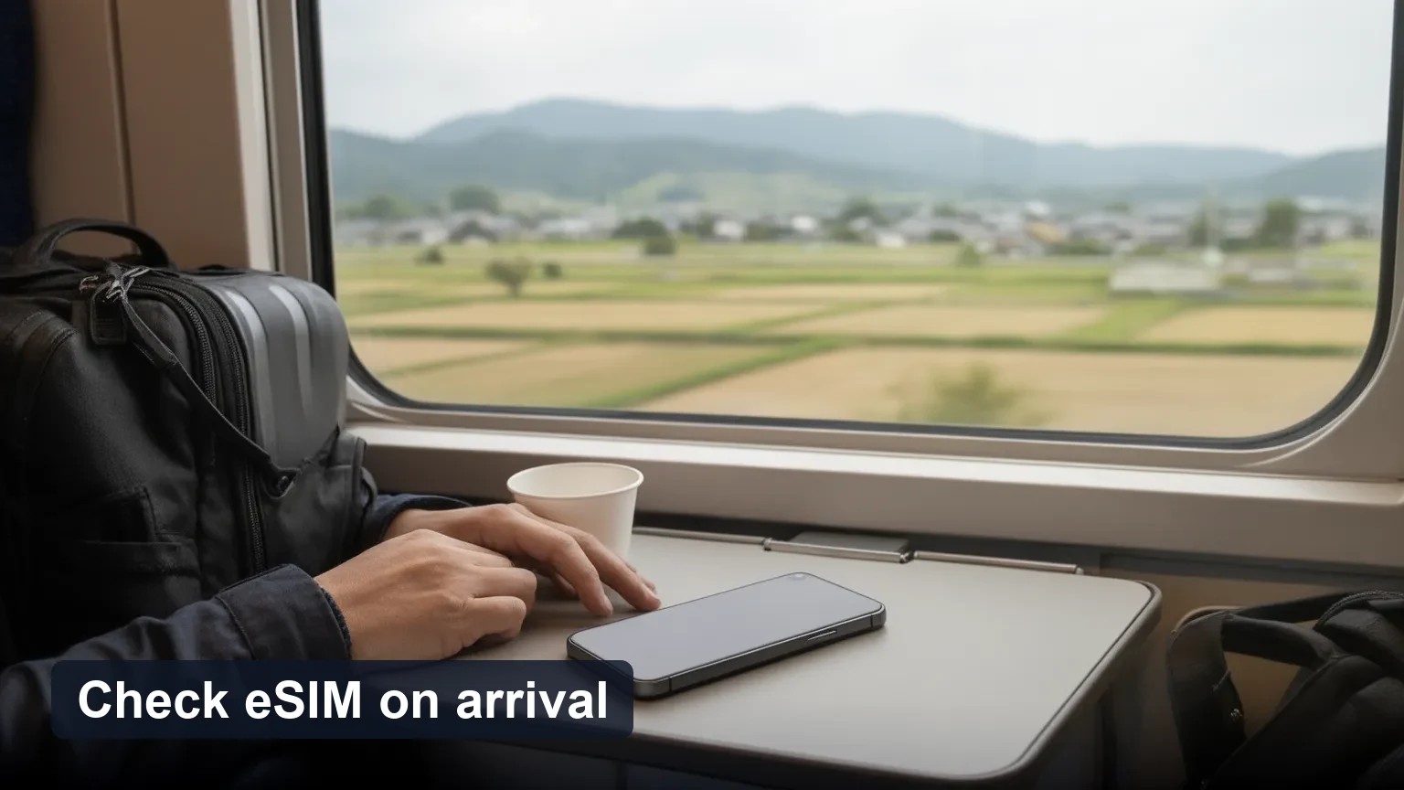 Traveler near a train window with a phone face-down on the tray table.