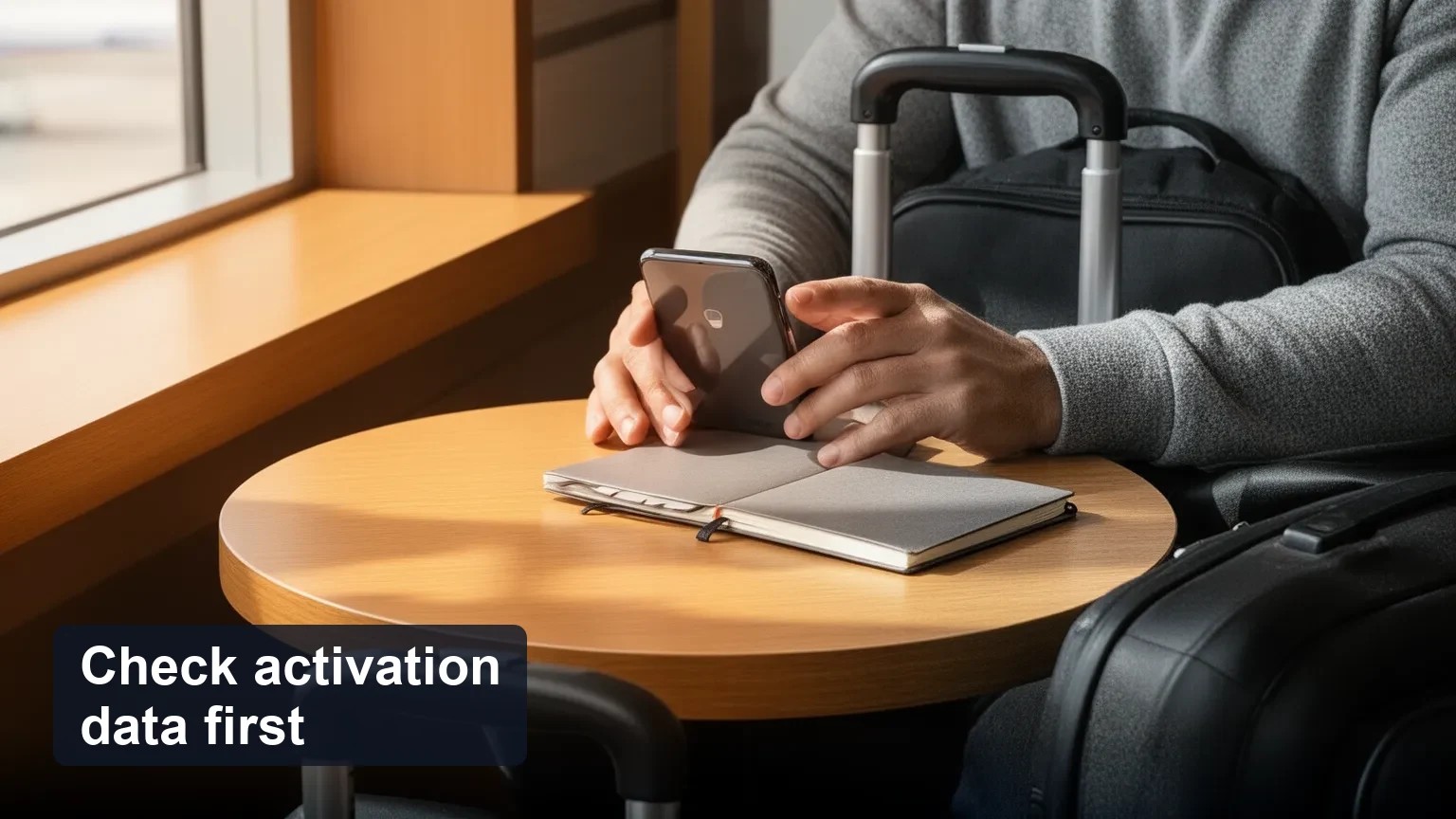 Traveler at a café table holding a smartphone with the screen turned away, natural light from a window, notebook on the table.