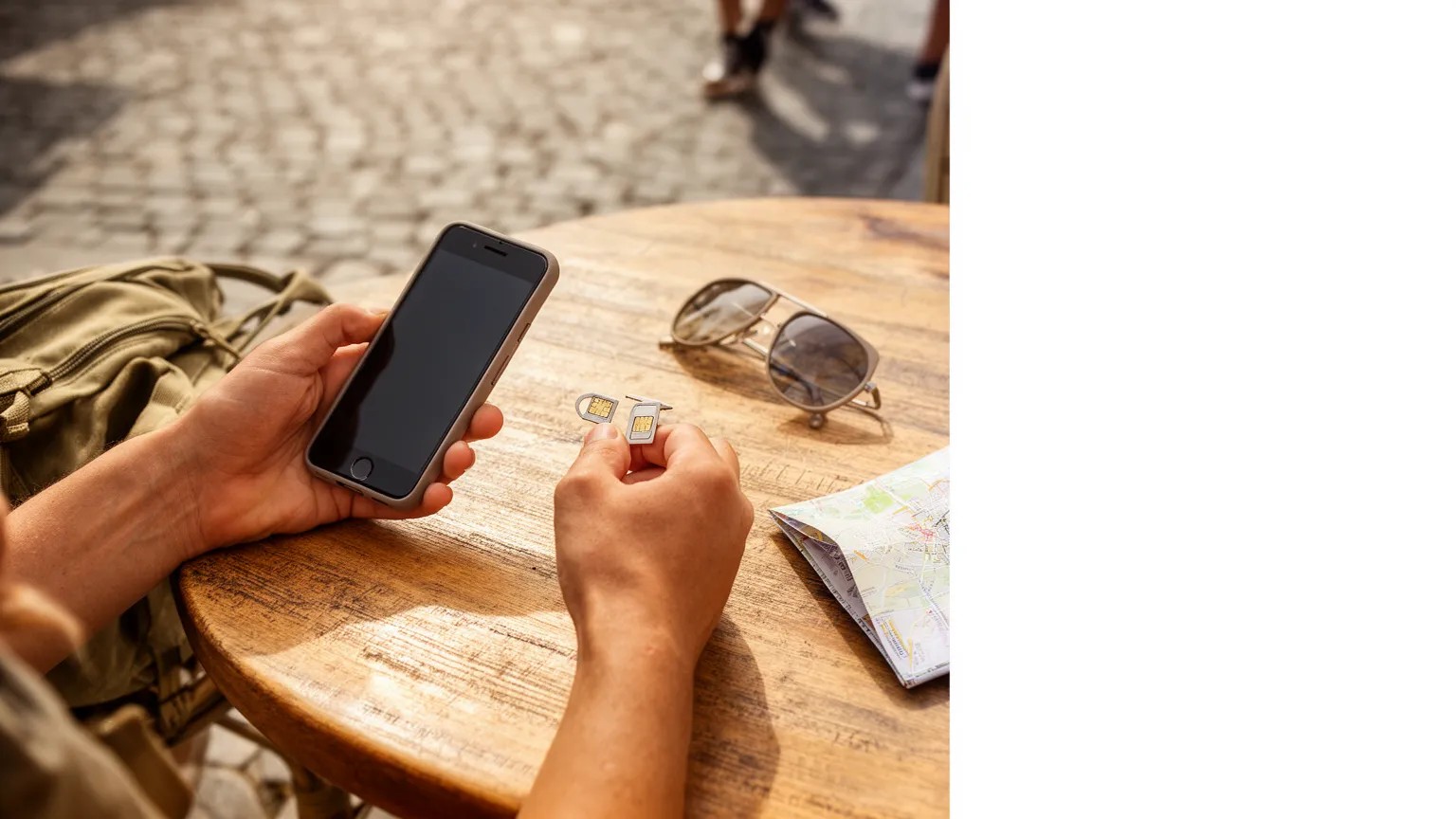 Traveler at a sunlit café table holding a smartphone and a SIM ejector tool, with a spare SIM on a wooden table and travel items nearby.