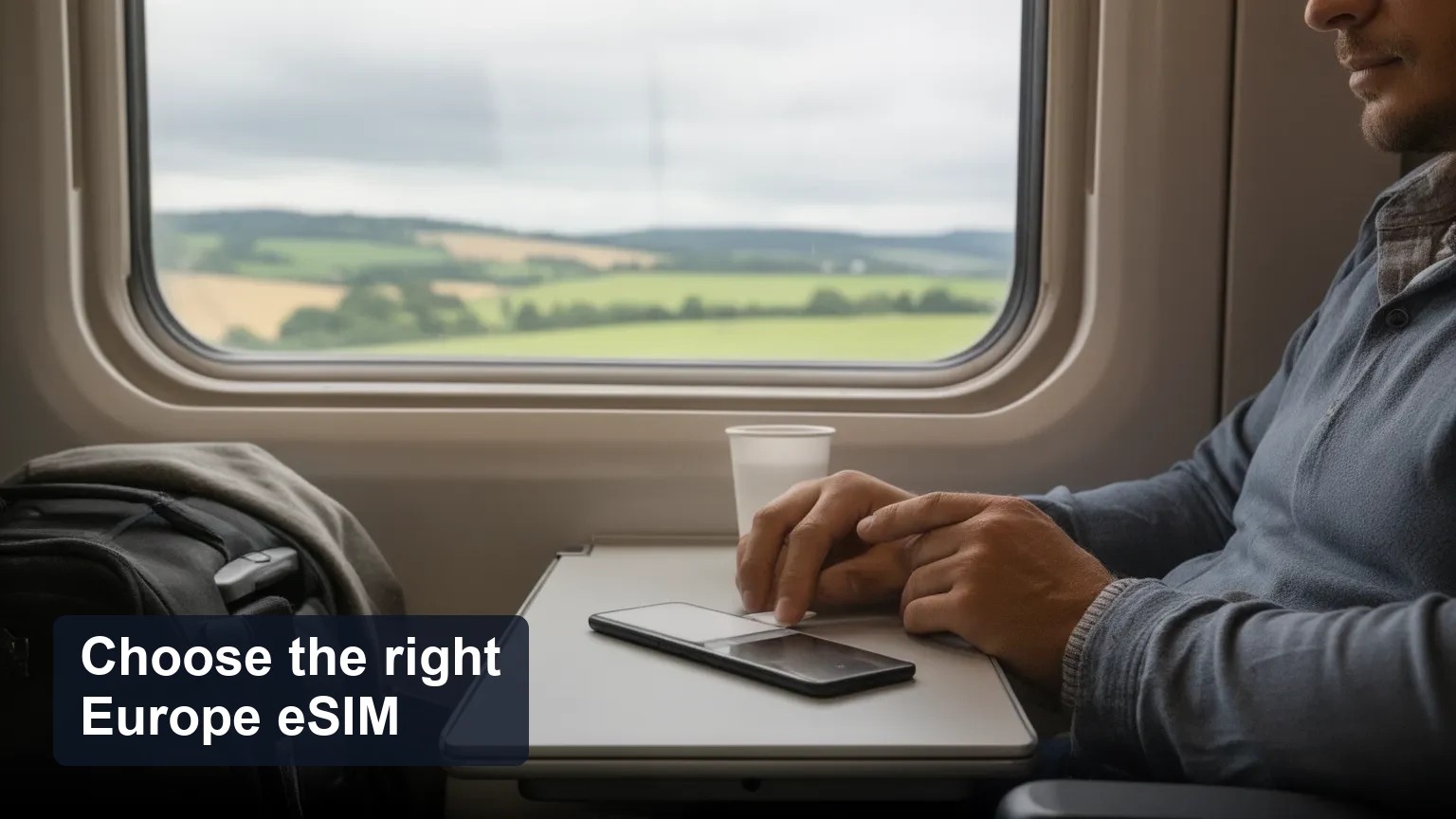 Traveler near a train window with a phone face-down on the tray table.