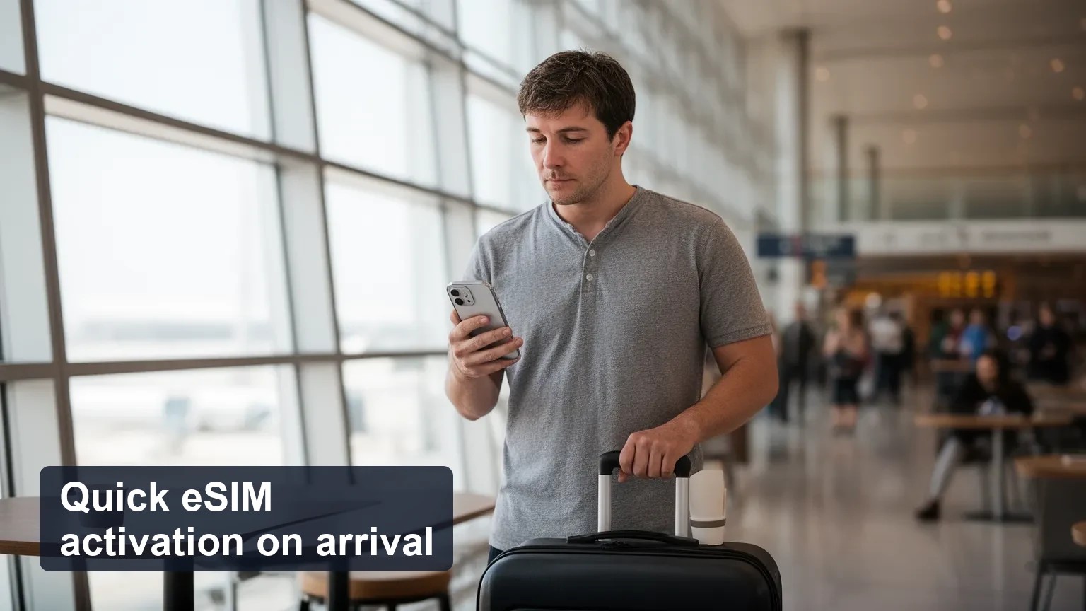 Traveler at Dubai airport arrivals holding a phone with the screen turned away while standing next to a small suitcase.