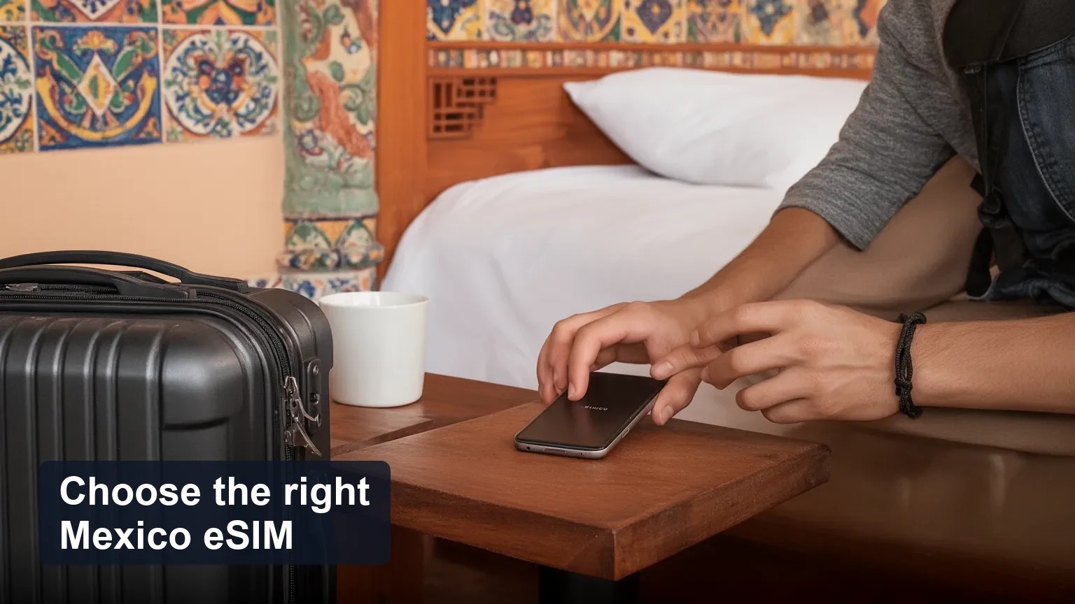 Traveler in a ryokan-style room placing a phone face-down on a low table.
