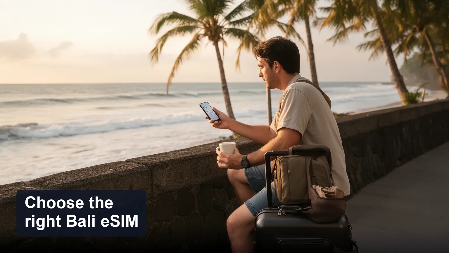 Traveler sitting on a low wall at a Bali beach, holding a phone with the screen turned away and a small daypack beside them.