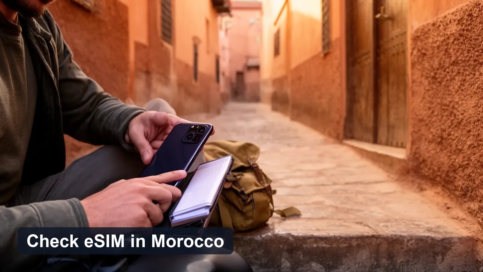 Traveler in a Marrakech medina alley checking a phone with the screen turned away during golden hour.