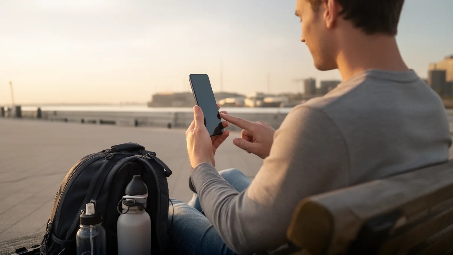Traveler on a waterfront bench restarting a phone with the screen turned away from the camera, backpack and water bottle nearby.