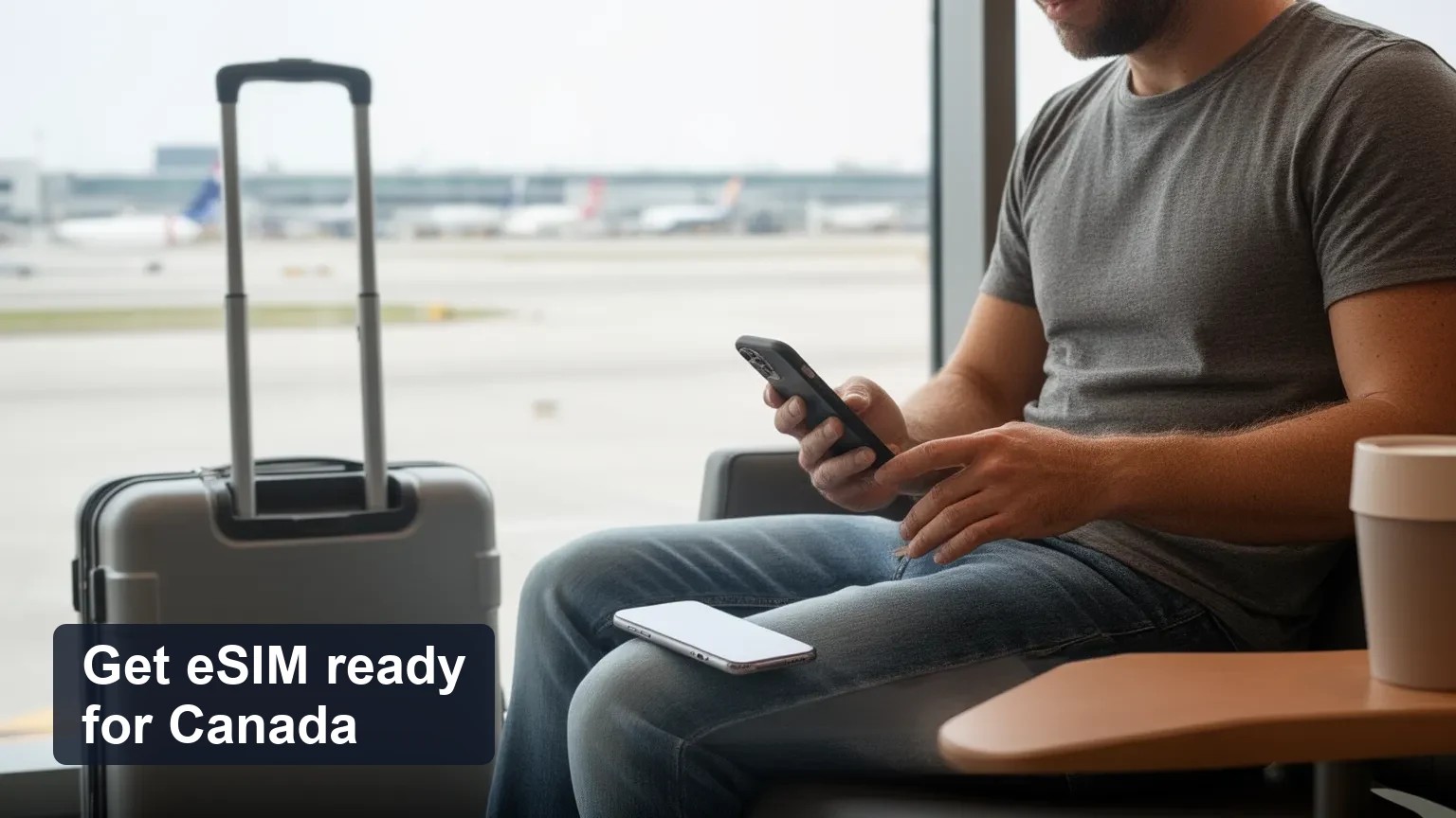 Traveler sitting in a bright airport arrival hall checking a phone with a carry‑on beside them.
