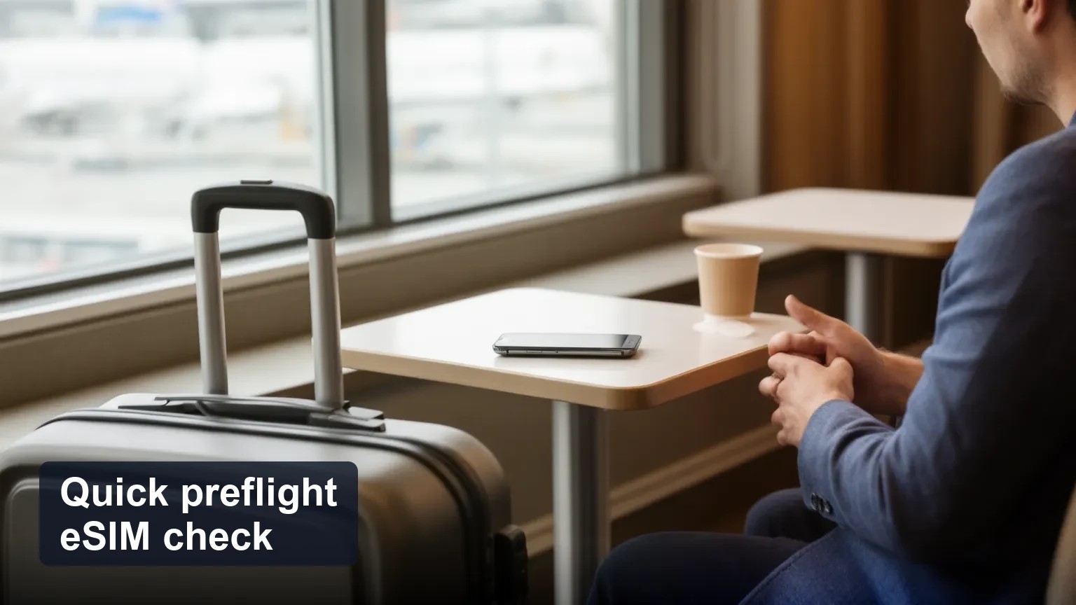 Traveler at an airport gate holding a phone with the screen turned away and a carry‑on bag nearby, window and plane blurred in the background.