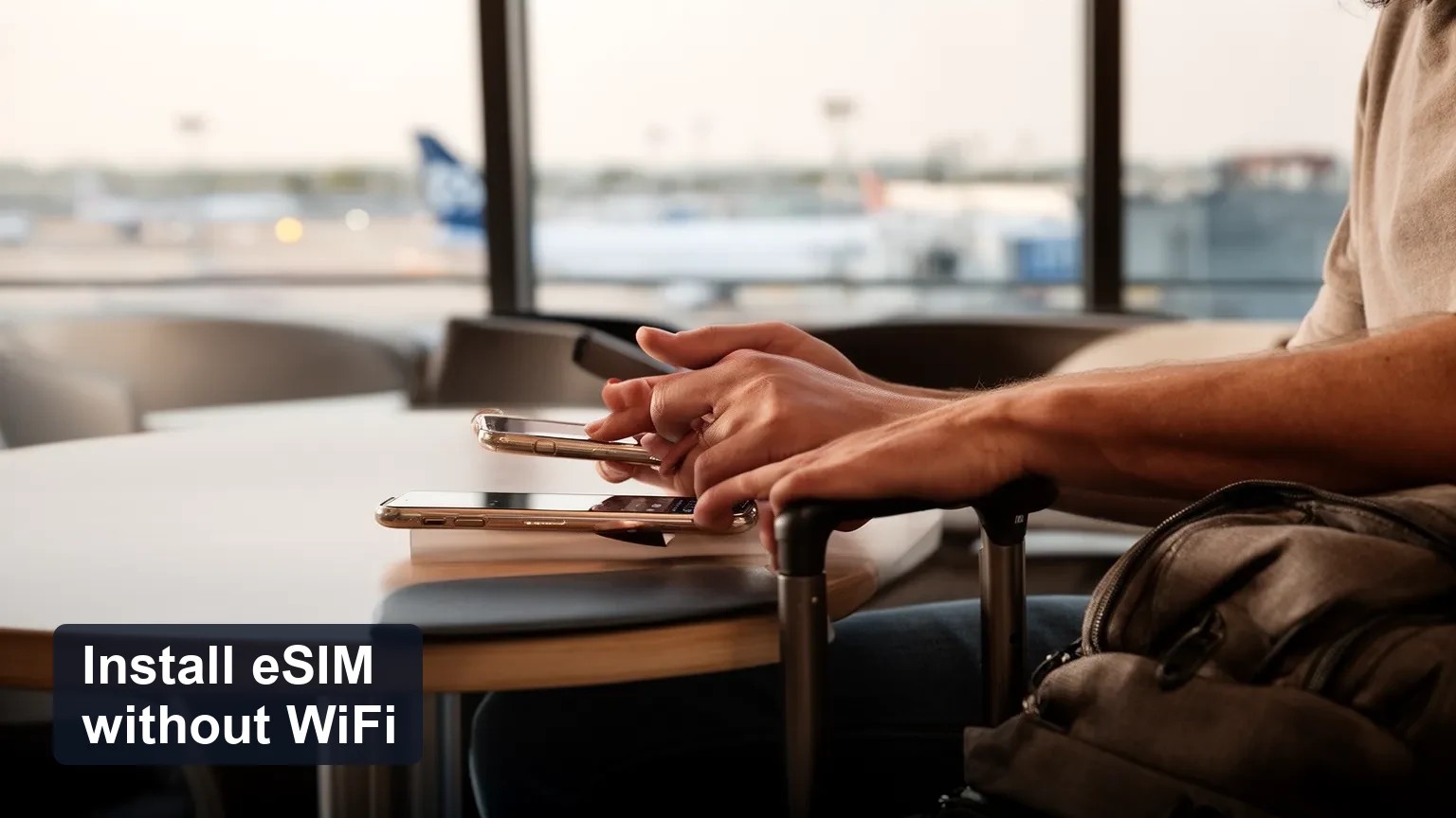 Traveler at an airport gate checking a phone with the screen turned away from the camera, late afternoon natural light.