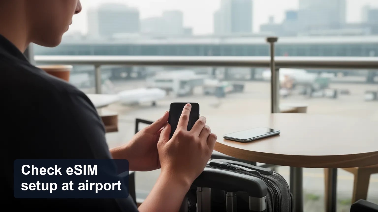 Traveler holding a phone with the screen turned away while seated at an airport café table, coffee cup beside them and airport terminal blurred in the background.