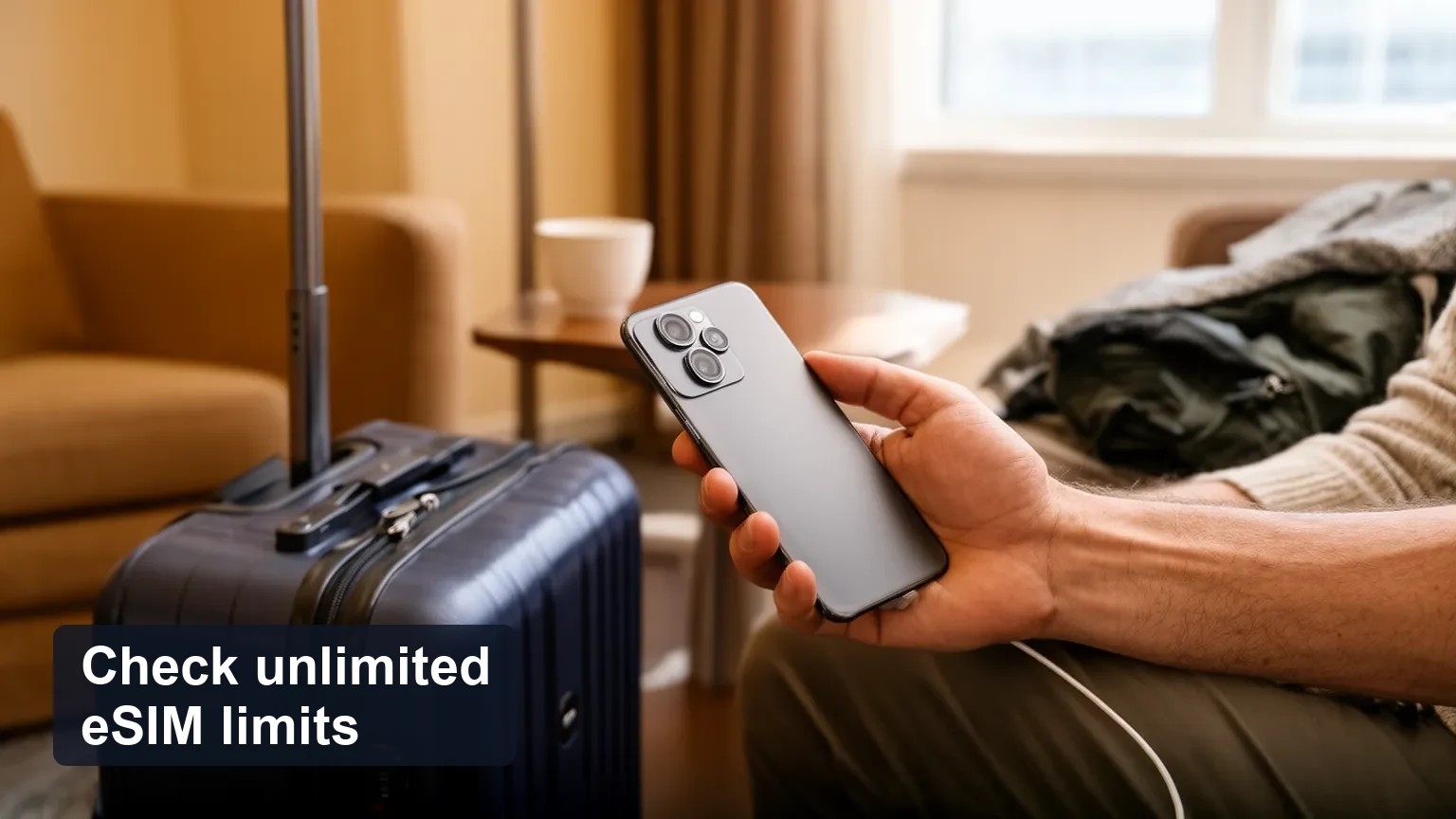 Traveler in a hotel room placing a phone face-down beside luggage.