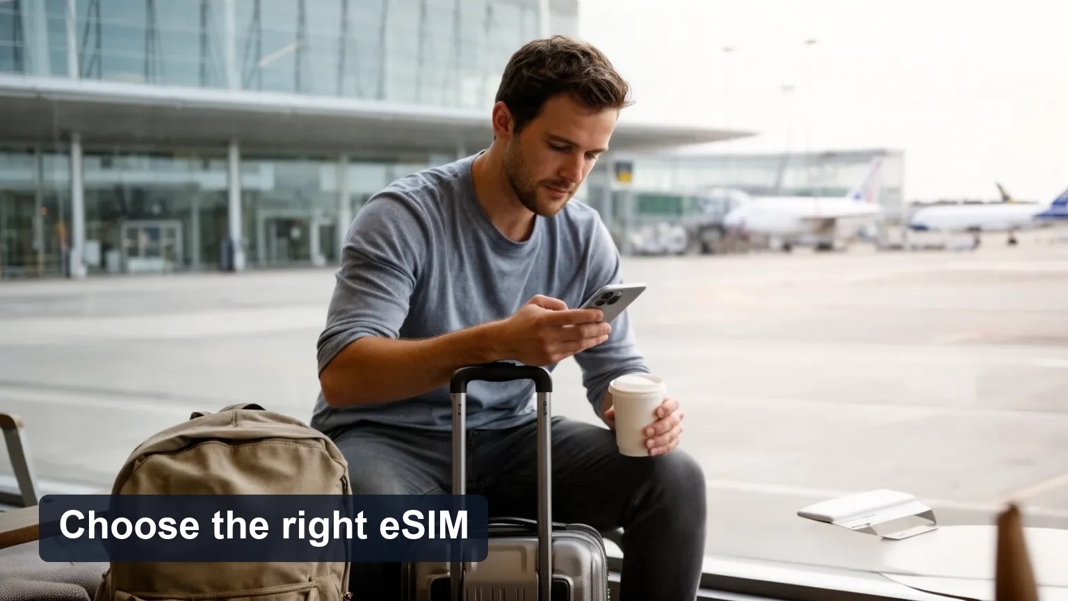 Traveler seated on a suitcase at an airport forecourt checking a phone with the screen turned away from the camera.