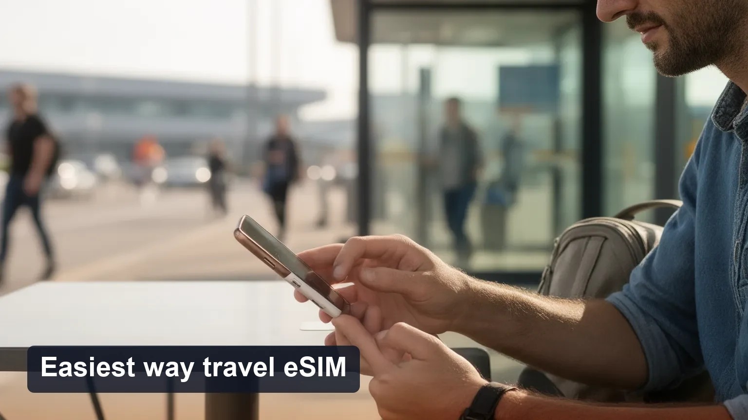 Traveler at a café tapping a phone with the screen turned away from the camera, outdoor airport-adjacent scene.