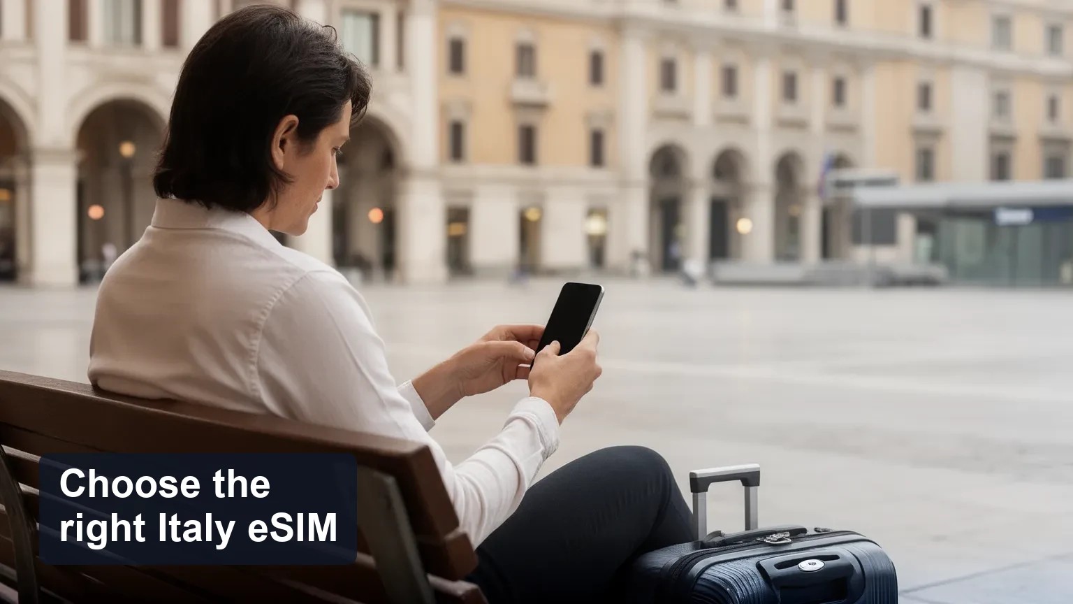 Traveler sitting on a bench in an Italian piazza checking a phone, with buildings and pedestrians softly out of focus in the background.