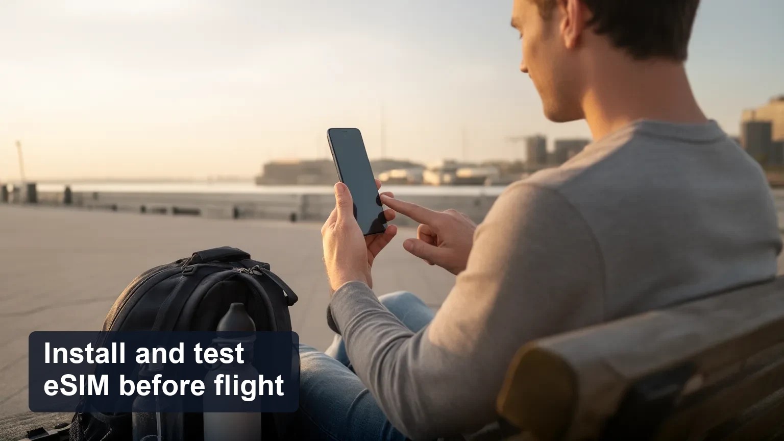 Traveler sitting in an airport lounge holding a phone with the screen turned away, backpack beside them and a coffee cup on the bench.
