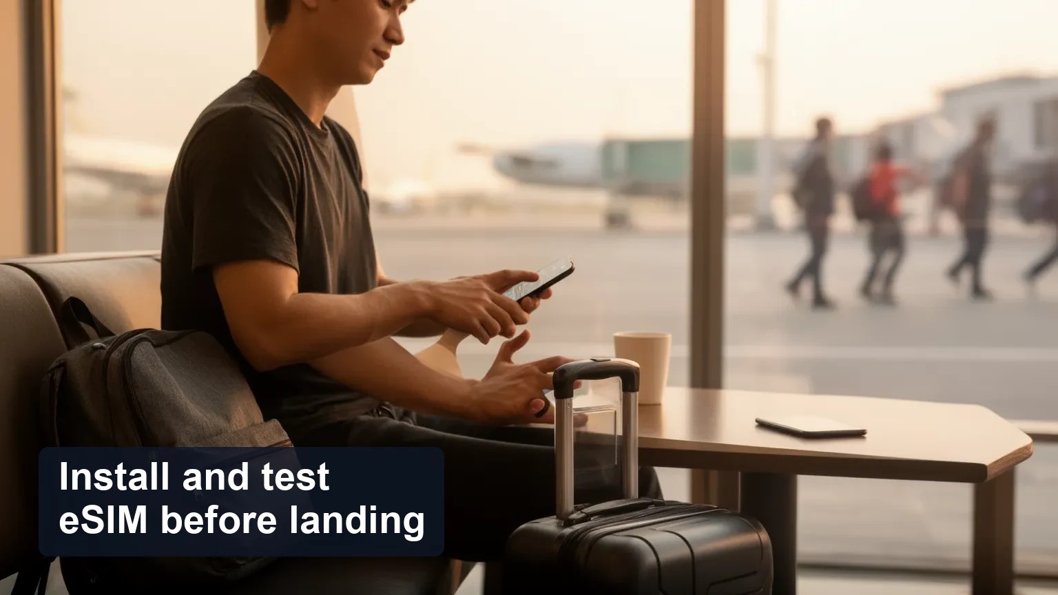 Traveler in an arrival lounge checking their phone with the screen turned away from camera, soft window light.