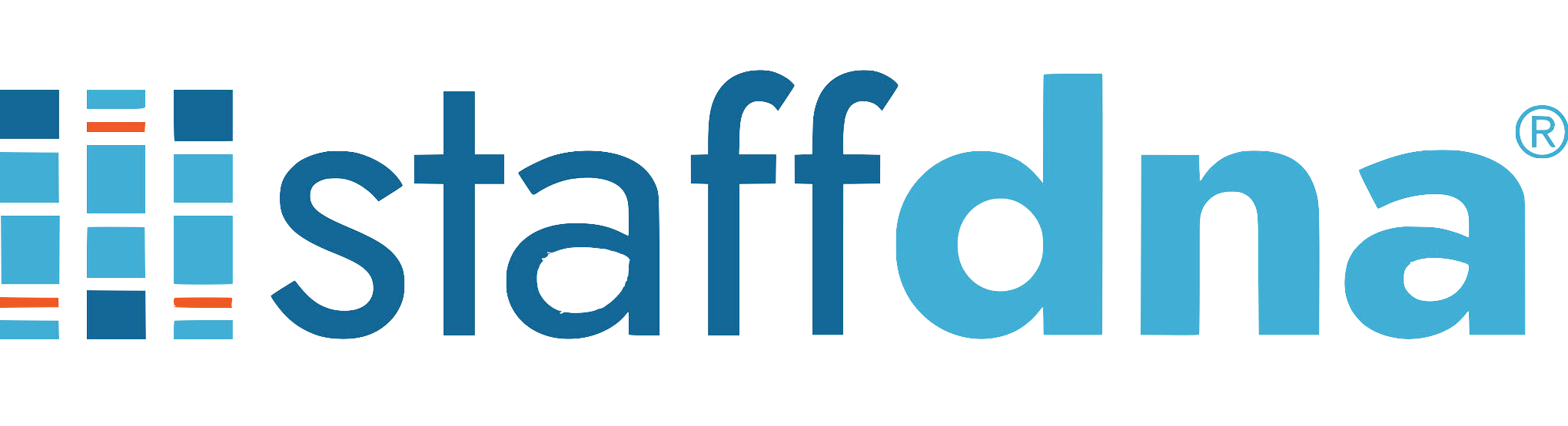 A blue and orange logo with the words staff