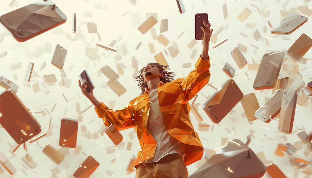 A man standing in front of a bunch of cell phones on a job hunt