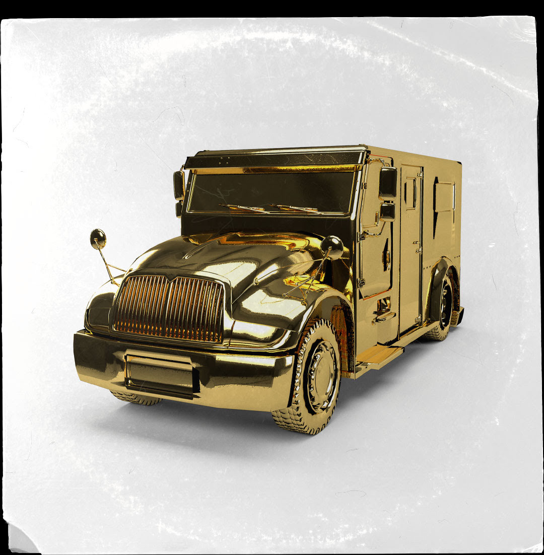 A gold model of a Brinks Truck on a white background