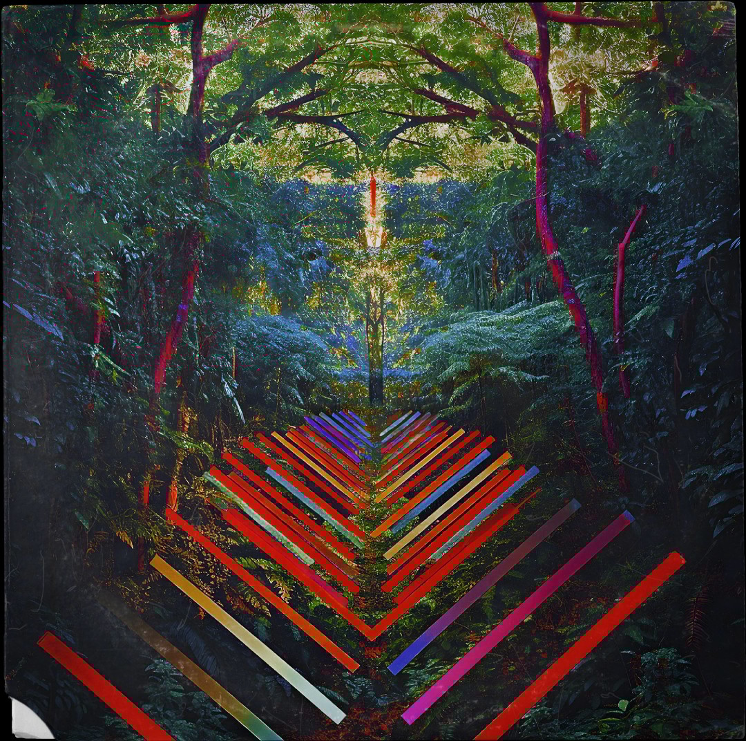 A painting of a path in the middle of a forest