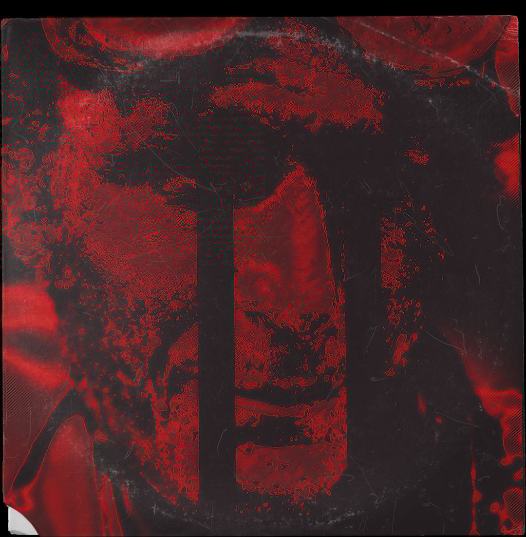 A red and black picture of a man's face