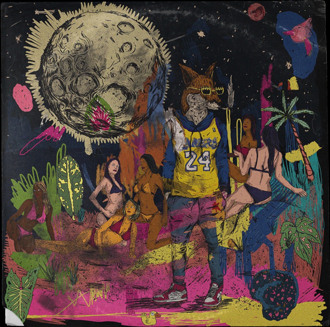 A painting of a basketball player surrounded by other people