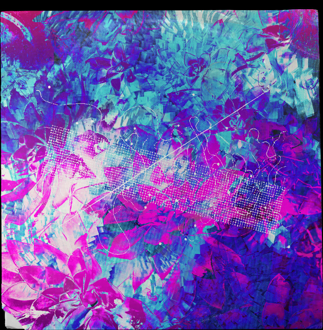 A painting of purple and blue flowers on a black background