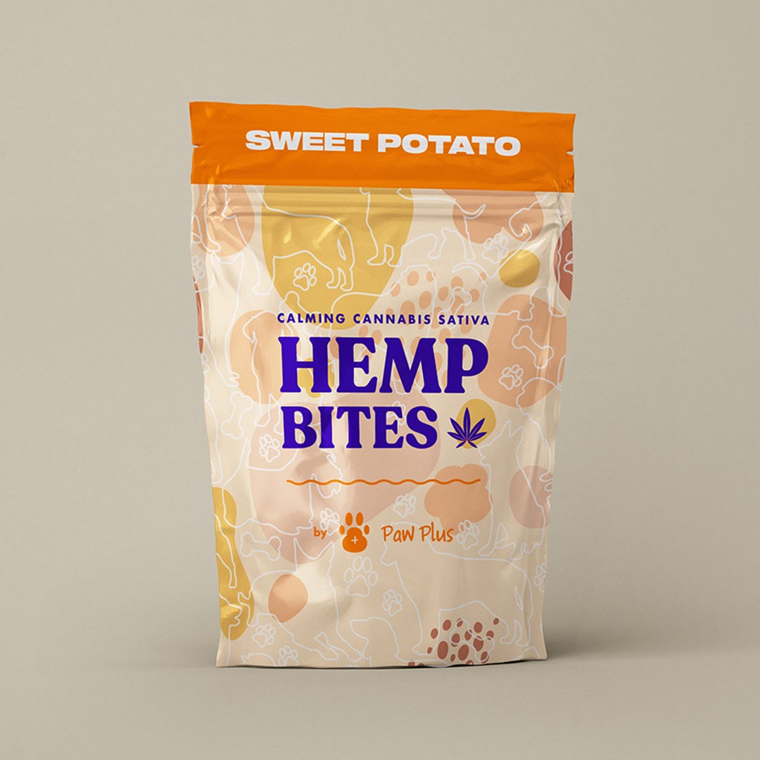 A bag of hemp bites sitting on top of a table