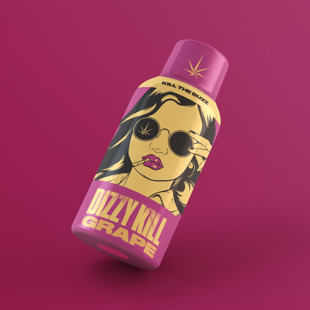 A pink bottle with a picture of a woman wearing sunglasses