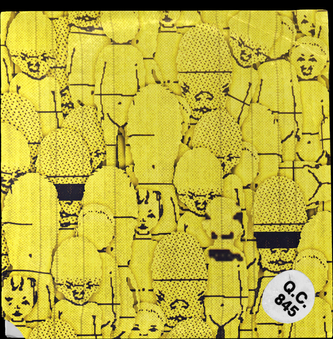 A yellow piece with lots of people and faces on it