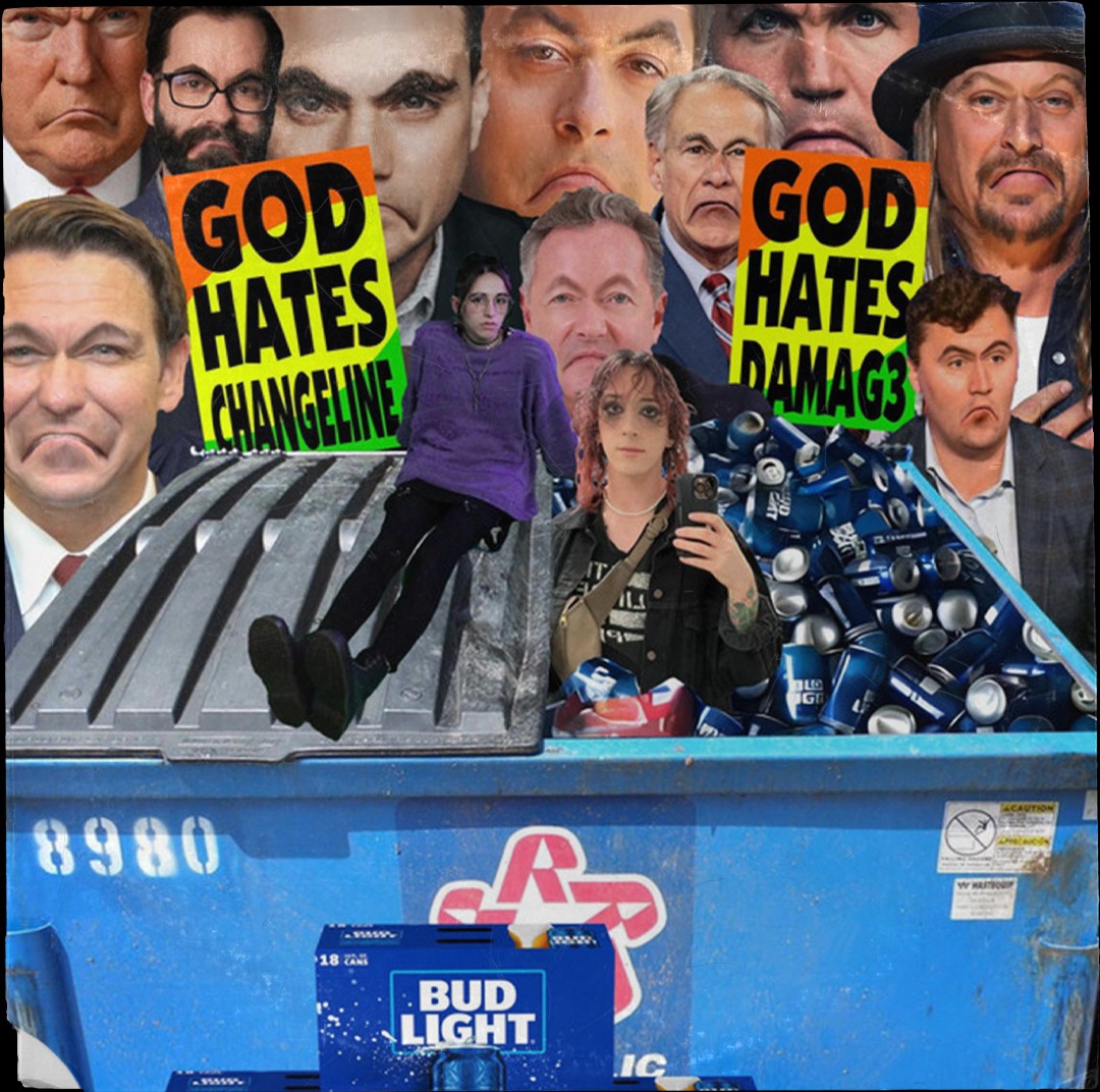 A woman sitting on top of a blue trash can beside a woman sitting inside of a trash can