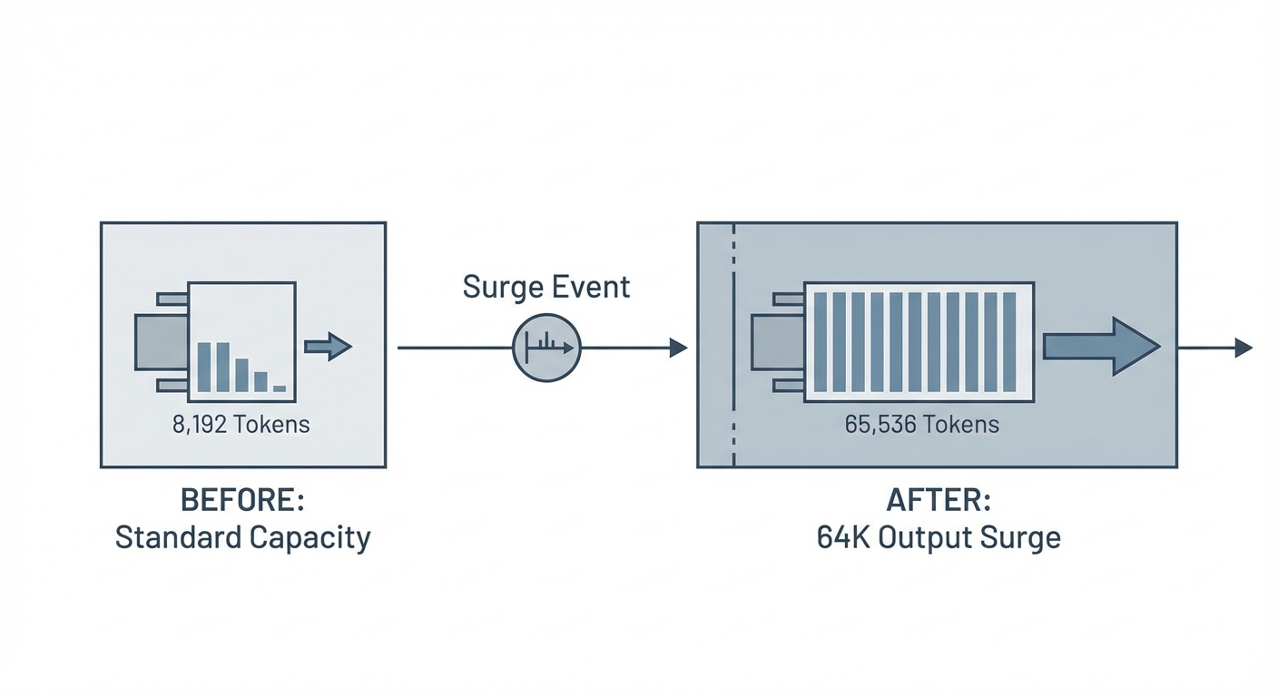 A precise technical diagram illustrating the 64K output token surge. A schematic showing a data buff