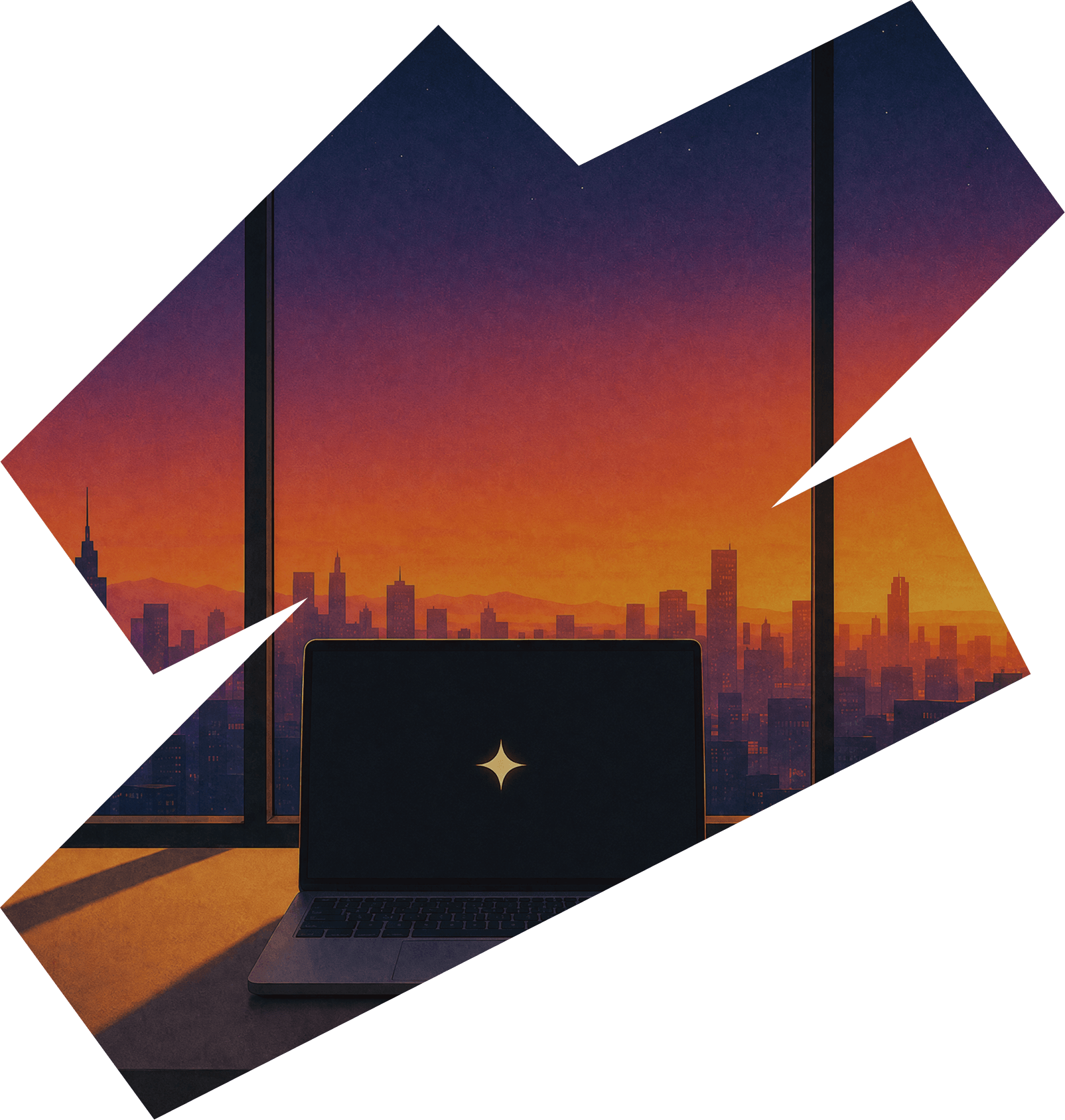 Laptop with a glowing star on its screen in front of a window overlooking a sunset city skyline